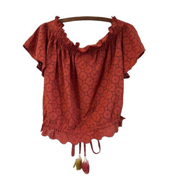 Trovata Birds of Paradis Rust Eyelet Off Shoulder Tassel Waist Blouse Size S - Picture 5 of 5